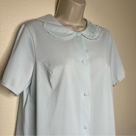 Vintage 80s Shadowline Pajama Top Light Blue Lace Trim Button Up Women Medium - Picture 2 of 13
